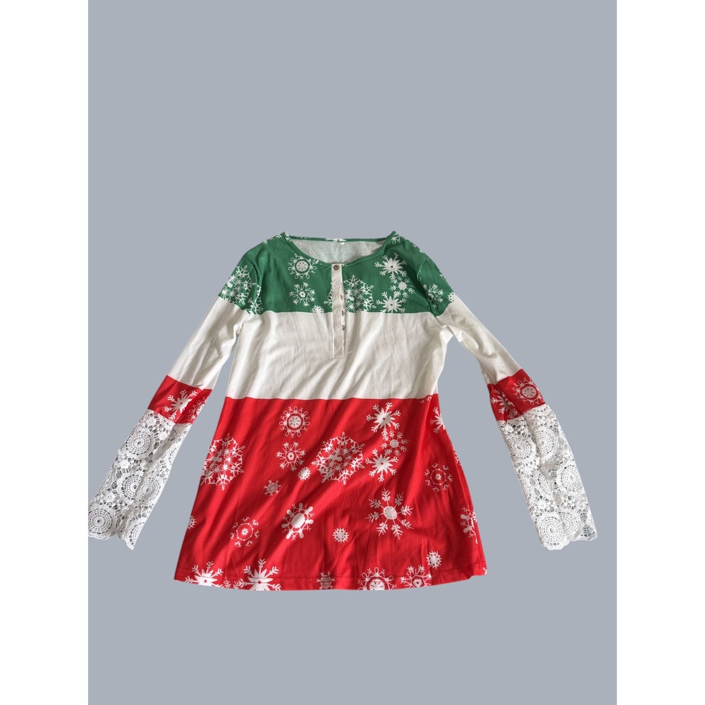 Womens Tunic Top M Green Red White Snowflake Print Christmas Lace Bell Sleeves - Picture 2 of 4
